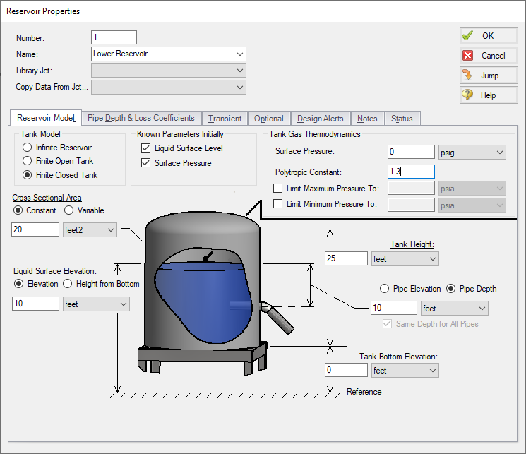 The Reservoir Properties window with Finite Closed Tank chosen as the Tank Model